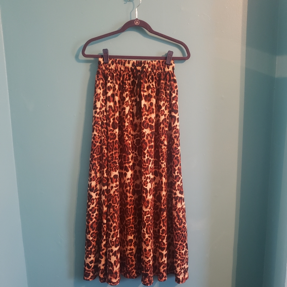 Imysty Women's Leopard Print Long Drawstring Skirt